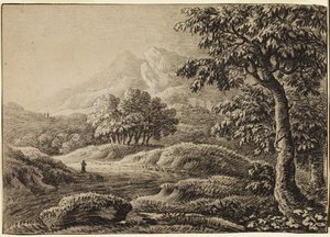 Landskap med snødekte fjell og tre figurer (kull på papir)